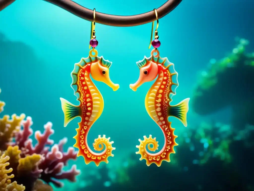 Pendientes de inspiración marina: detalle 8k Pendientes inspirados en vida marina: joyas detalladas con motivos marinos y delicada suspensión en un vibrante fondo submarino