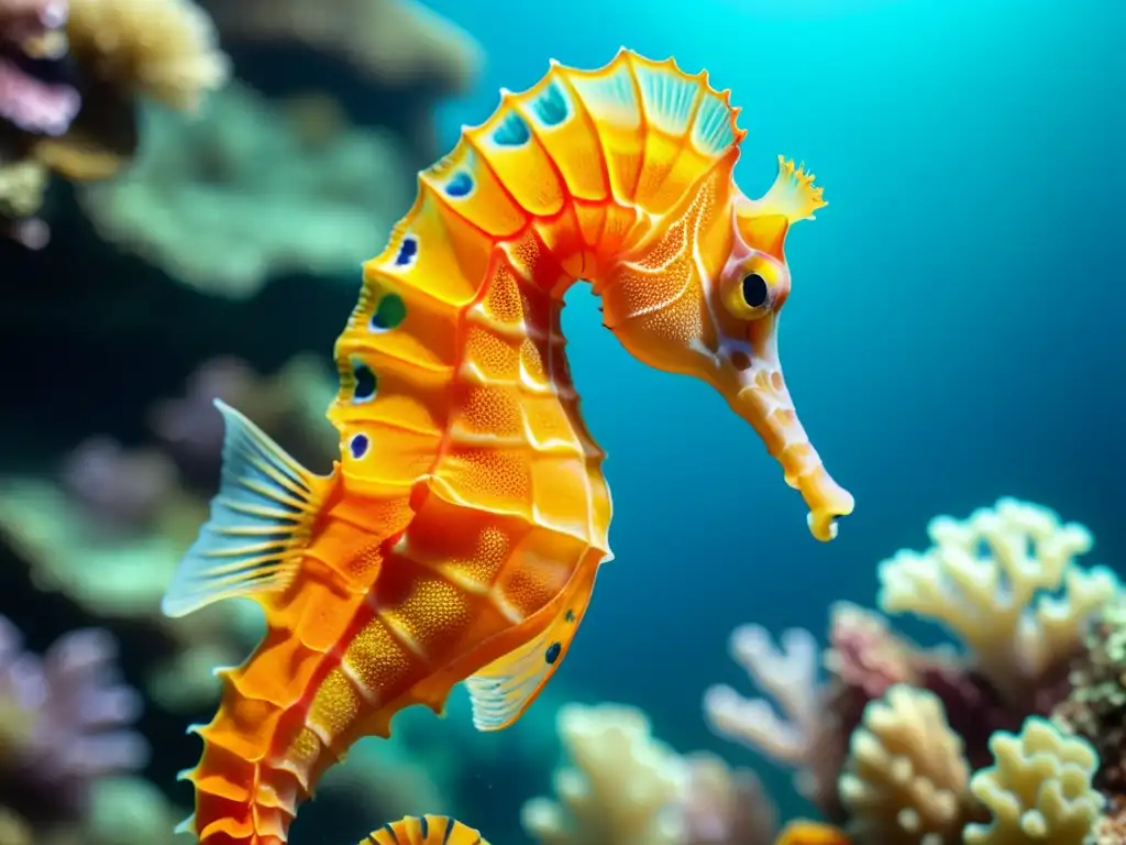 Seahorse naranja en aguas cristalinas Pendientes inspirados en vida marina: Imagen de un elegante caballito de mar naranja nadando entre corales coloridos en aguas cristalinas