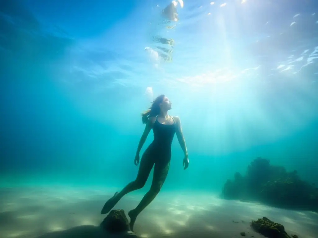 Persona disfrutando de un tratamiento de lodo marino en un tranquilo fondo marino con vida marina vibrante