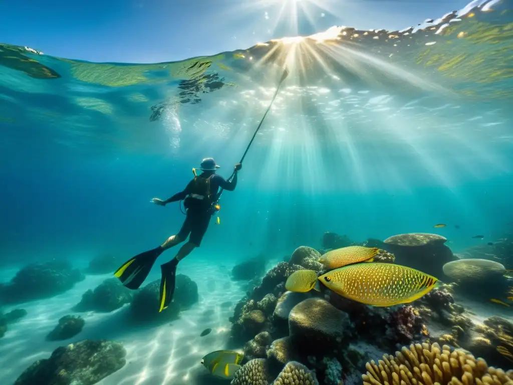 Un pescador tradicional lanza su red en el océano, rodeado de vida marina colorida