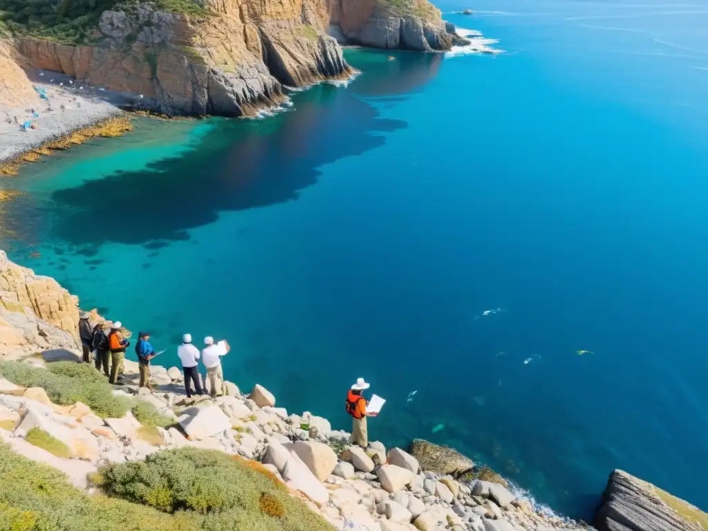 Pescadores y científicos colaboran en la costa, examinando redes y registrando datos para la sostenibilidad marina