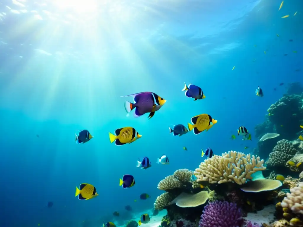 Innovando con pescados sostenibles: Un vibrante paisaje submarino con peces tropicales entre arrecifes de coral, bañados por la luz solar filtrada