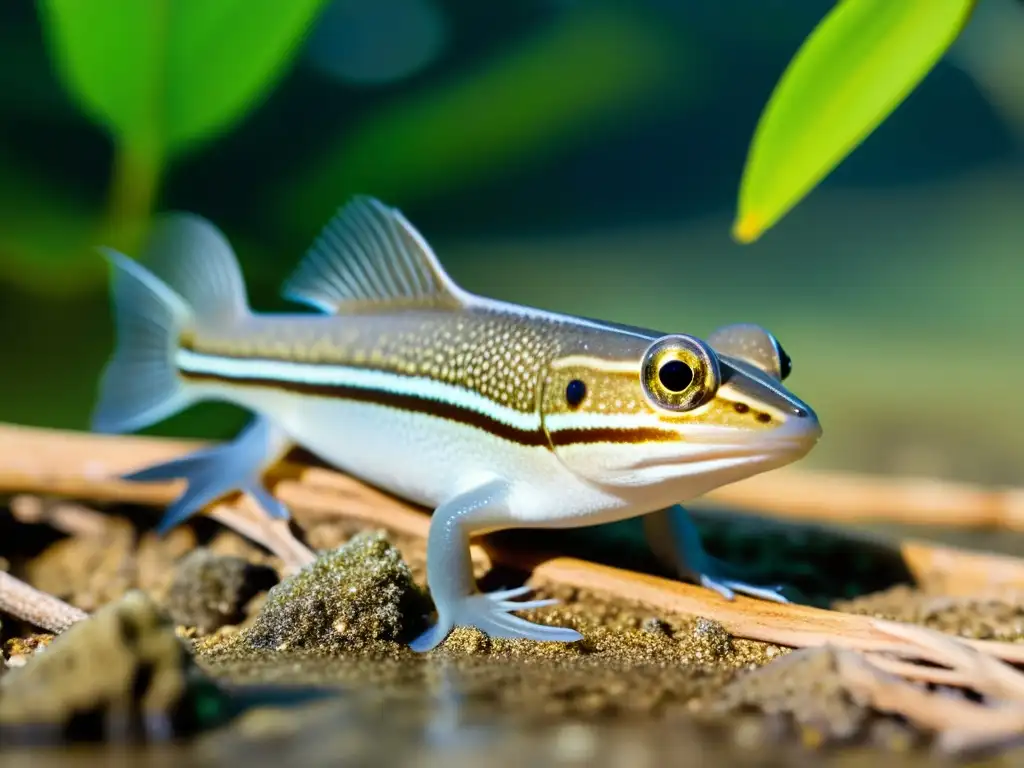 Un pez saltarín camuflado entre las raíces del manglar, con sus agallas visiblemente en movimiento al tomar aire