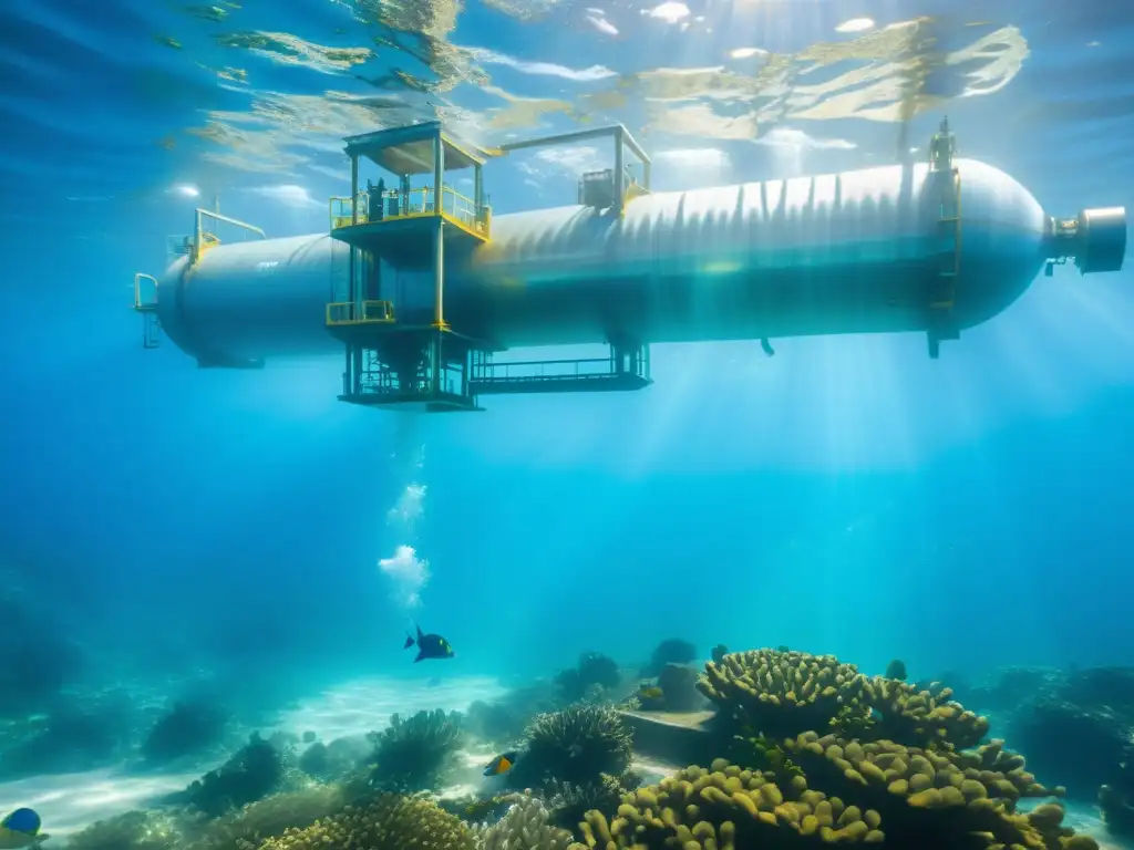 Una planta de desalinización marina se fusiona con el vibrante mundo submarino, destacando la importancia de la desalinización marina