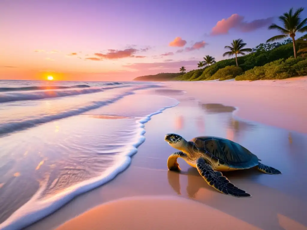 Una playa prístina al amanecer con una tortuga marina guiando a sus crías hacia el mar, salvaguardando el futuro de las tortugas marinas