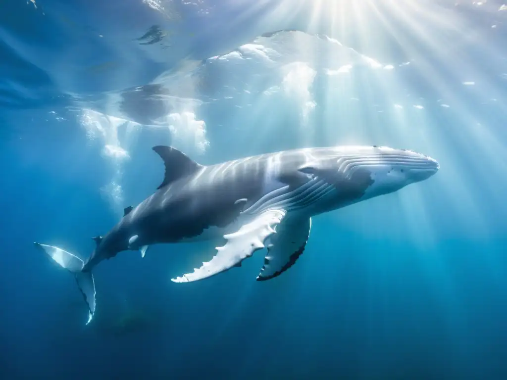 Una pod de ballenas jorobadas nada grácilmente entre corales, transmitiendo la belleza y fragilidad de la conservación de cetáceos en peligro