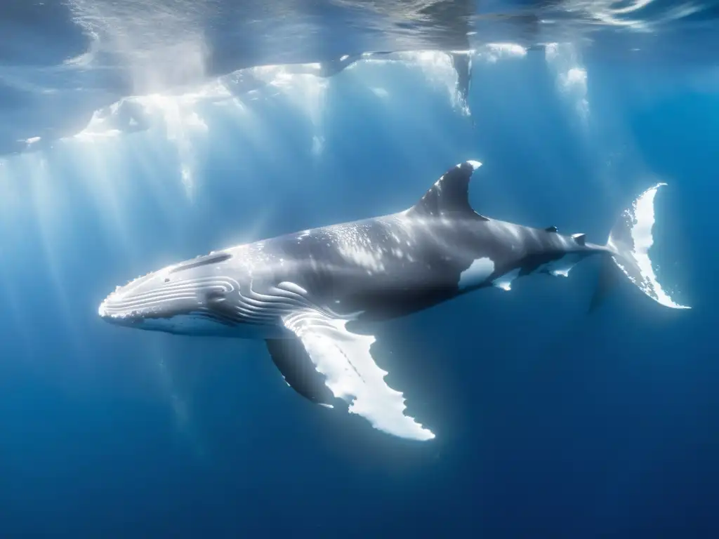 Una pod de ballenas jorobadas descansando en el océano, capturando la serena belleza de estos majestuosos cetáceos en su hábitat natural