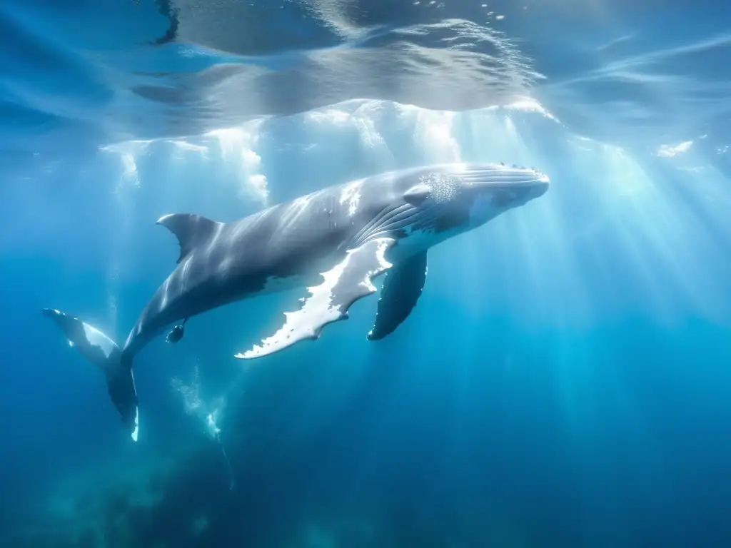 Un pod de ballenas jorobadas se desliza graciosamente a través de aguas cristalinas, capturando la importancia de los sonidos en la migración marina