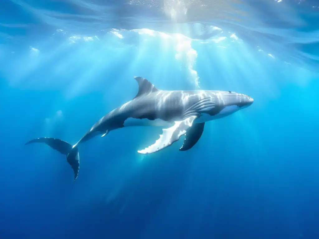 Un pod de ballenas nada grácilmente entre aguas cristalinas, destacando sus elegantes cuerpos iluminados por la luz del sol