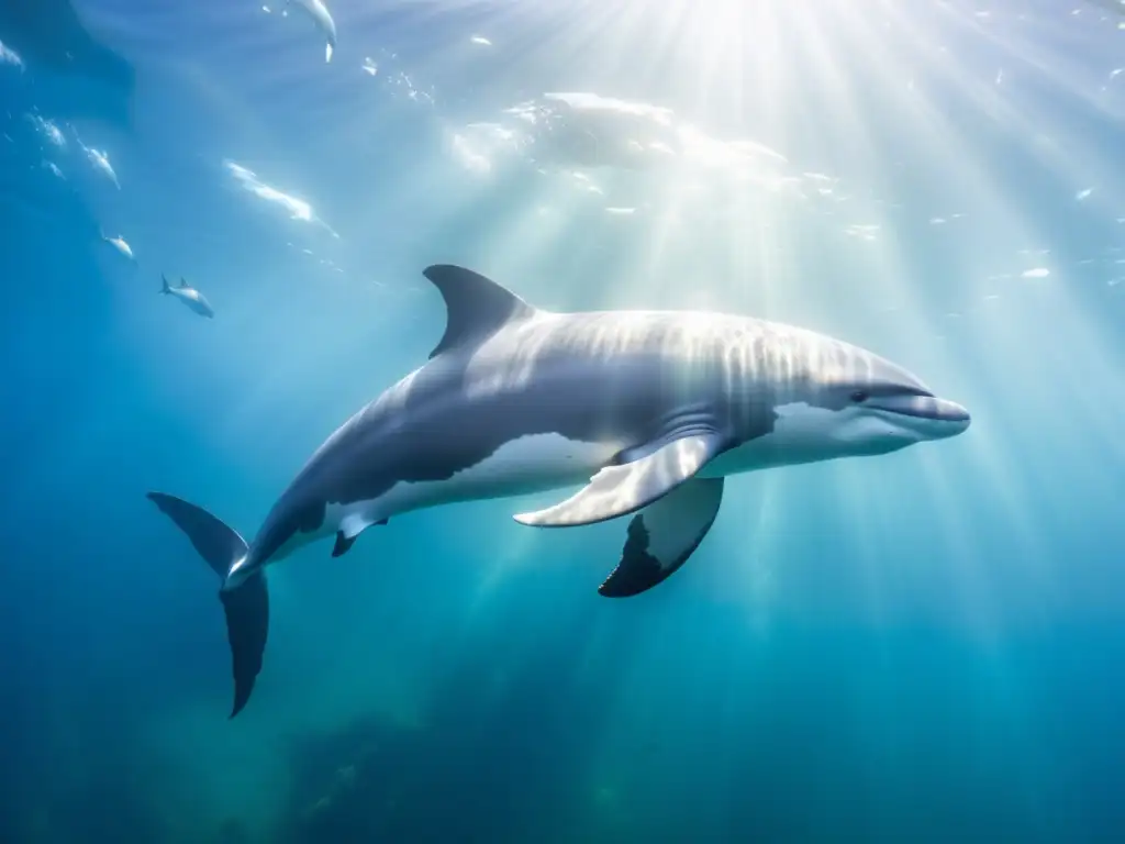 Un pod de cetáceos majestuosos nada grácilmente en aguas cristalinas, rodeados de vida marina