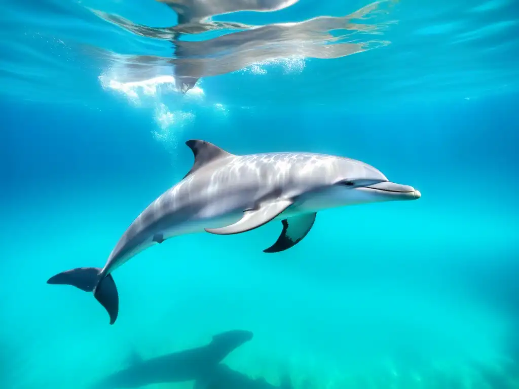 Un pod de delfines majestuosos nada con gracia en aguas turquesas, expresando libertad y armonía con su entorno marino