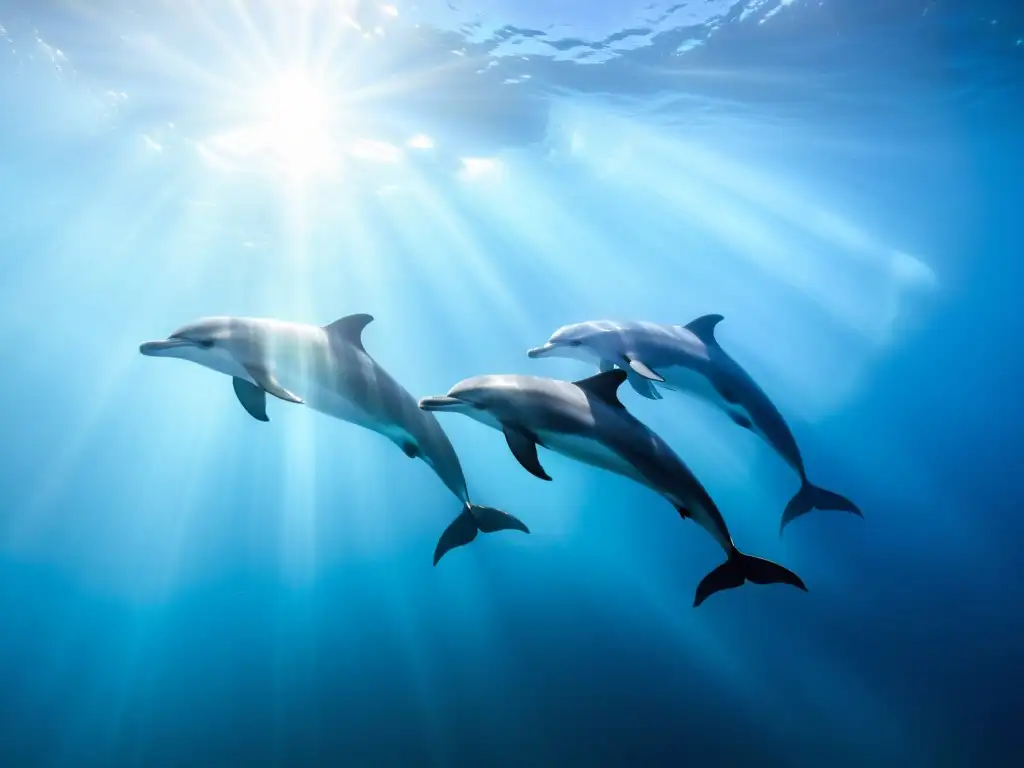 Un pod de delfines majestuosos demostrando sus técnicas de buceo en las profundidades cristalinas del océano