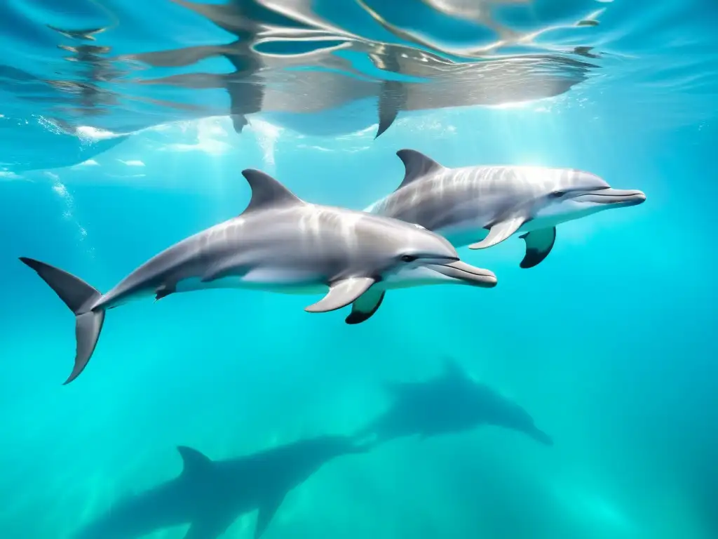 Una pod de delfines metálicos grises surcando el agua turquesa, protegidos por barreras acústicas que armonizan con su entorno marino