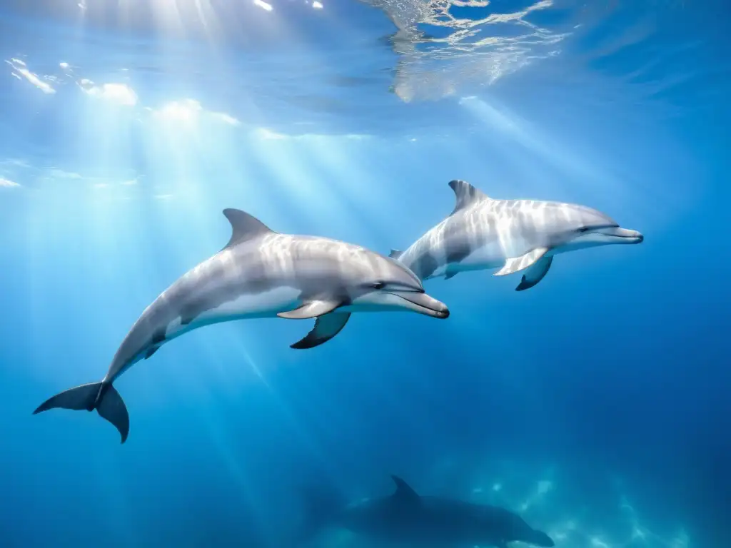 Un pod de delfines plateados nada elegantemente bajo el agua clara, mostrando la belleza de los mamíferos marinos