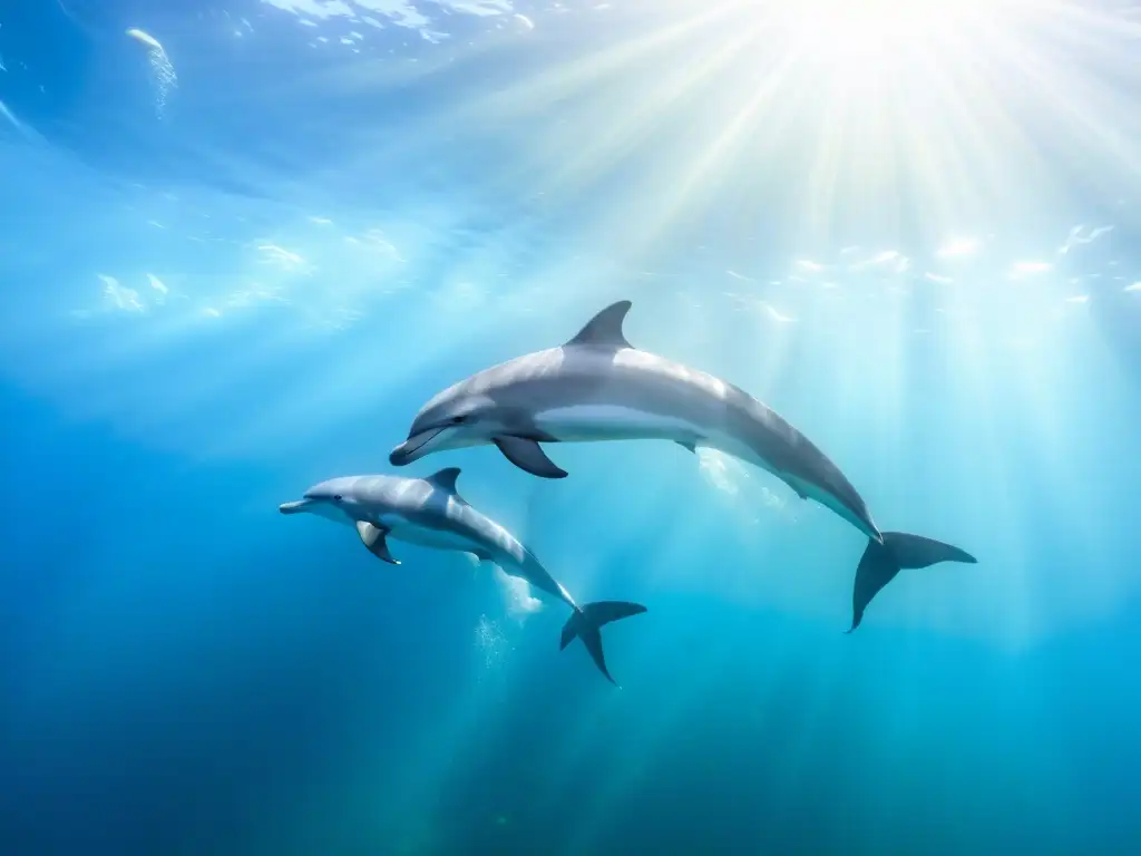 Un pod de delfines nada en armonía con la vida marina, creando un ecosistema submarino vibrante y hermoso