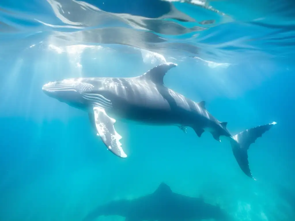 Una pod de majestuosas ballenas jorobadas nada graciosamente en aguas turquesas cristalinas