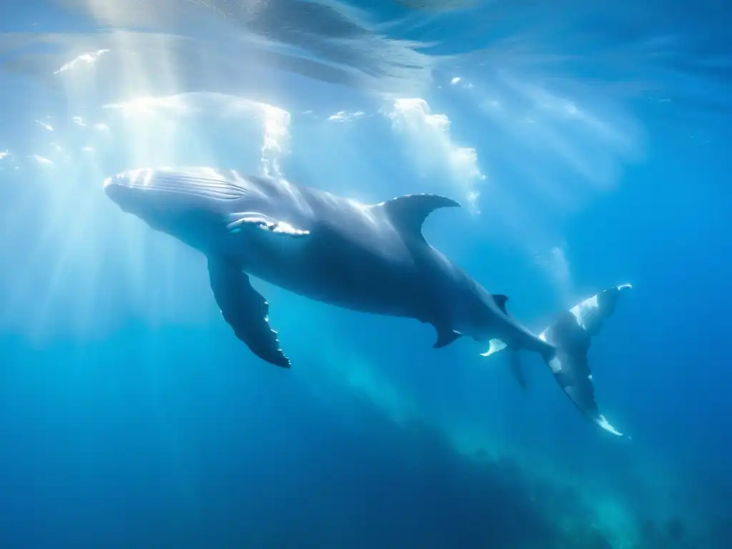 Un pod de majestuosas ballenas jorobadas nada grácilmente en aguas cristalinas y cerúleas, rodeadas de vida marina