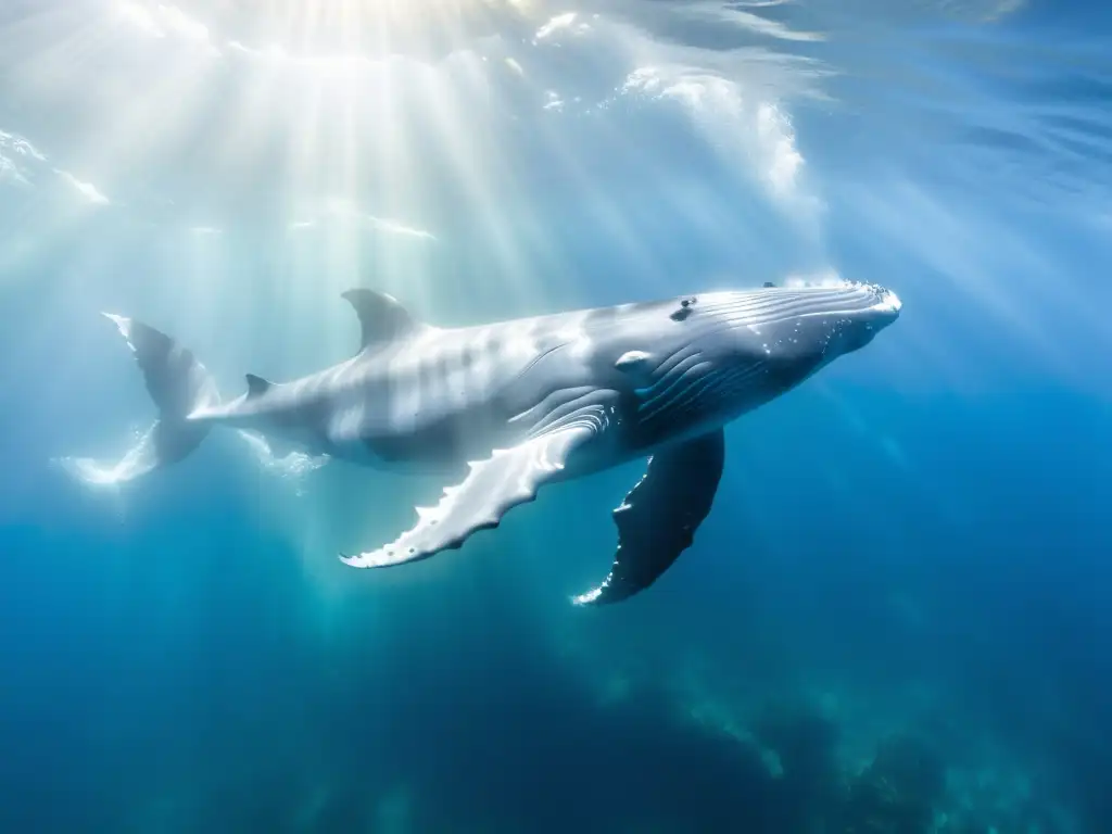 Un pod de majestuosas ballenas jorobadas nada elegantemente en aguas cristalinas mientras los rayos de sol iluminan sus cuerpos plateados