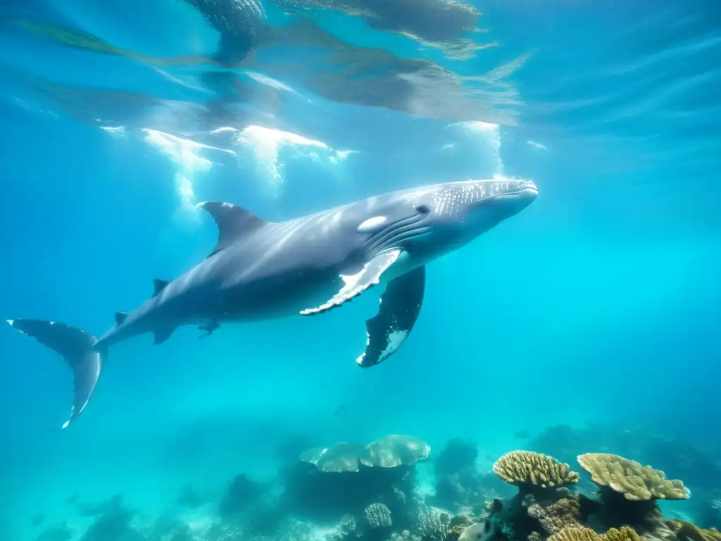 Una pod de majestuosas ballenas jorobadas nada grácilmente en aguas turquesa, resplandeciendo bajo el sol