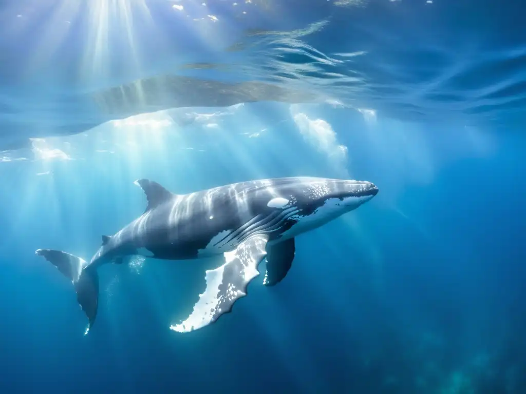 Un pod de majestuosas ballenas jorobadas nada grácilmente entre arrecifes de coral vibrantes, creando una escena submarina que evoca la maravilla y la belleza de las criaturas oceánicas