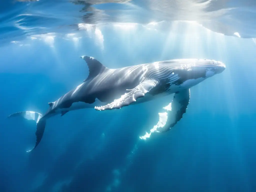 Un pod de majestuosas ballenas jorobadas nada grácilmente en aguas cristalinas, destacando la importancia de las estrategias protección cetáceos oceánicos