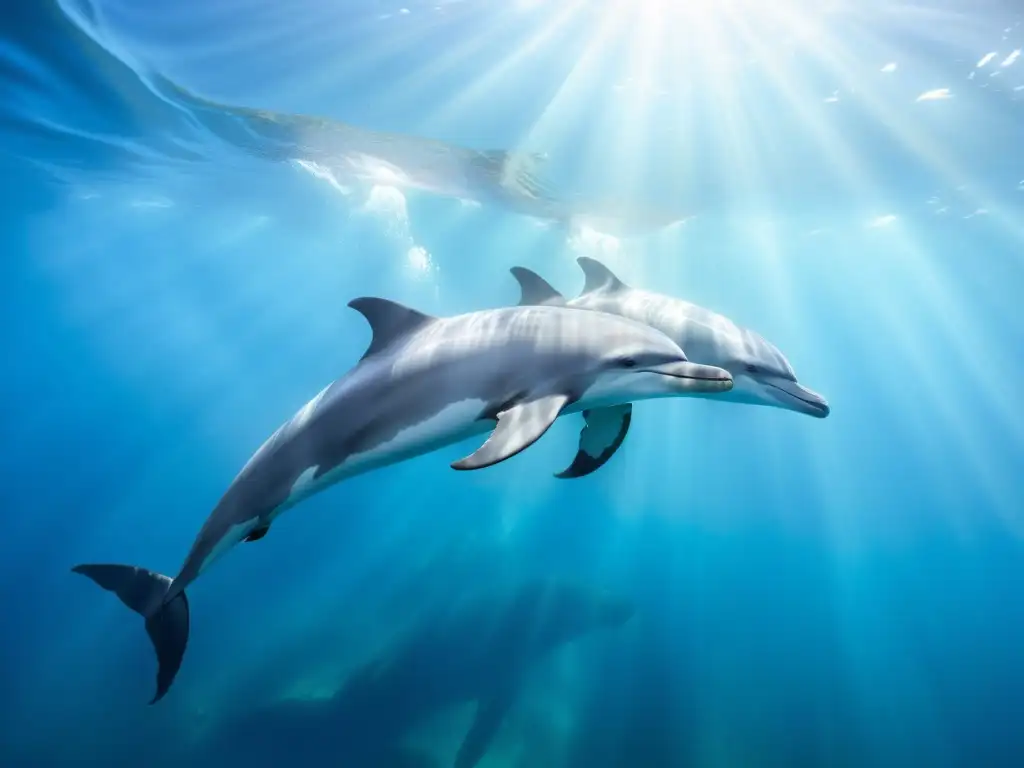 Un pod de majestuosos delfines nadando graciosamente juntos en aguas cristalinas