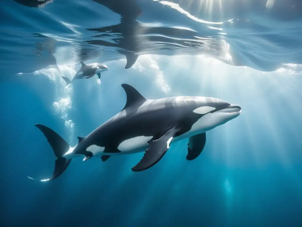 Una pod de orcas nadando grácilmente en aguas cristalinas, mostrando cultura transgeneracional cetáceos oceánicos