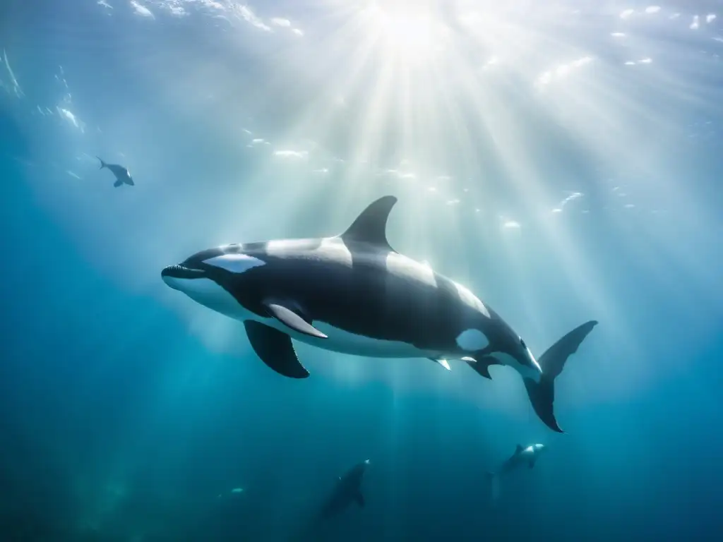 Una pod de orcas majestuosas se desliza grácilmente en aguas cristalinas