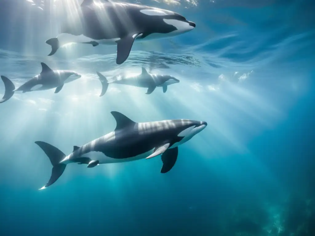 Una pod de orcas nada graciosamente entre aguas cristalinas, rodeadas de vida marina