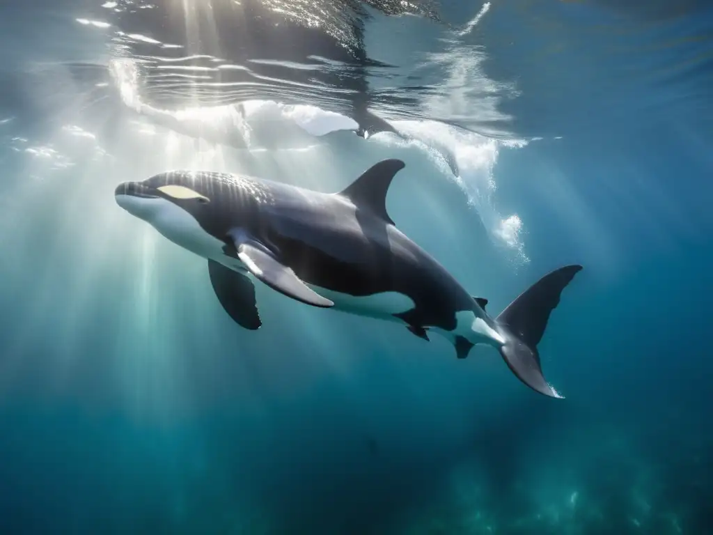 Un pod de orcas poderosas y elegantes nada con gracia en aguas cristalinas, mostrando adaptaciones únicas de cetáceos oceánicos