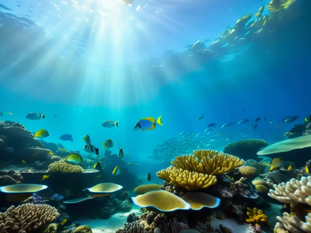 El poder oculto de La Niña revelado en un vibrante arrecife de coral, con peces nadando entre formaciones coralinas iluminadas por la luz solar