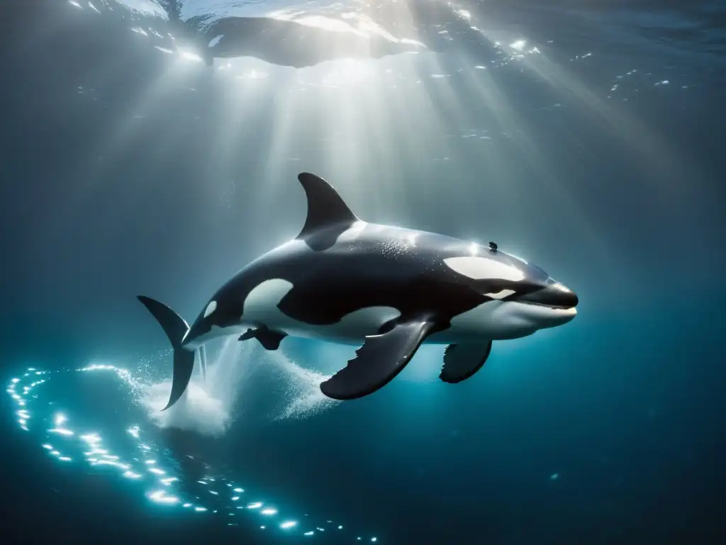 Un orca poderosa y elegante surca las oscuras profundidades del océano, iluminado por organismos bioluminiscentes