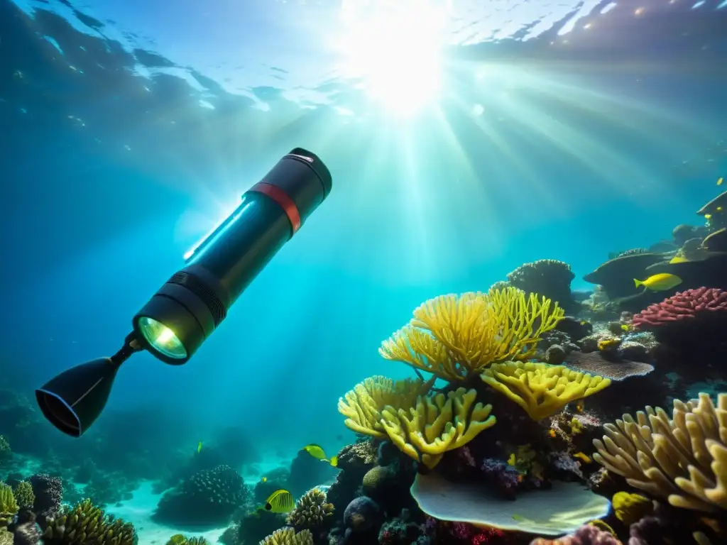 Una poderosa linterna subacuática de alto rendimiento ilumina un arrecife de coral, revelando la belleza del mundo marino