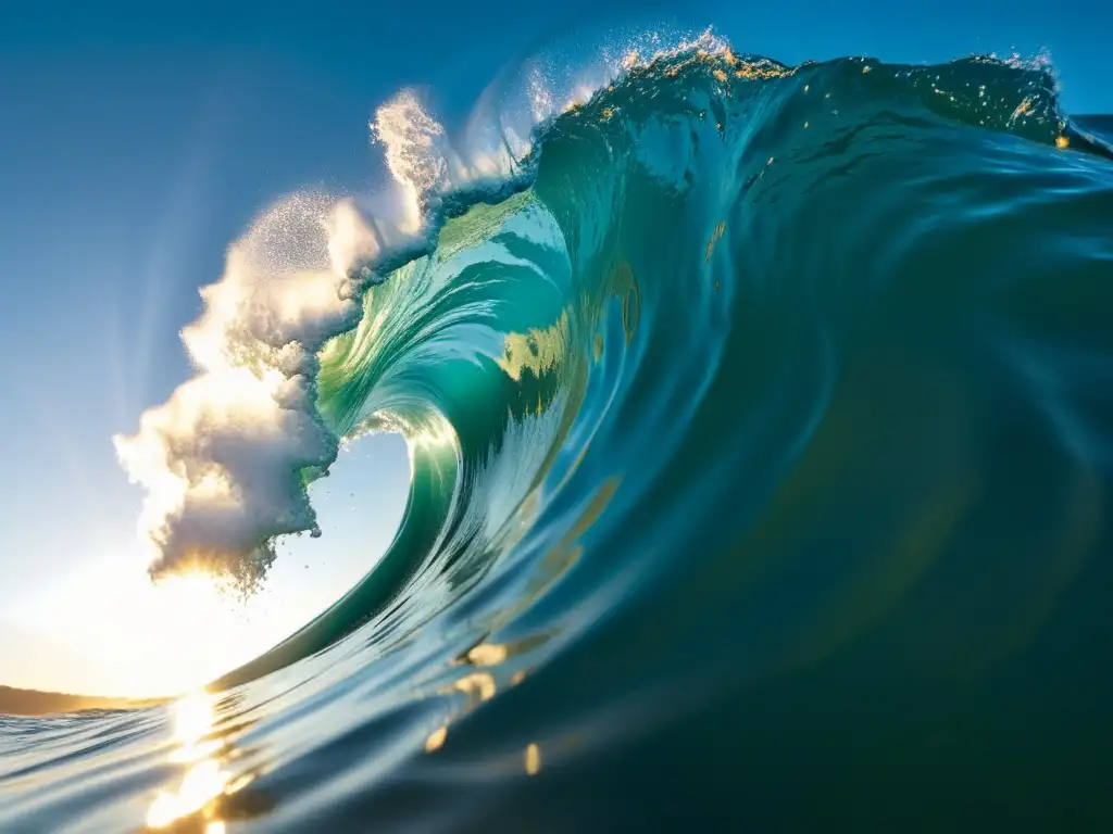 Una poderosa ola submarina filmada desde abajo, capturando la dinámica y energía del agua con detalles vibrantes