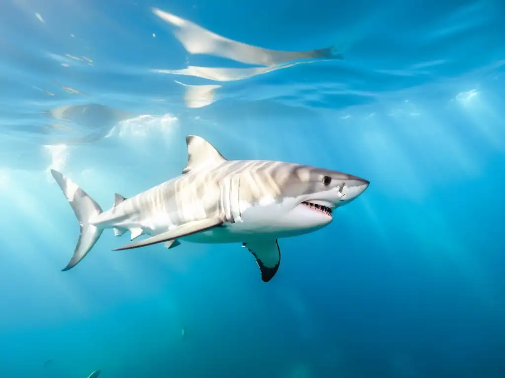 Un poderoso tiburón blanco deslizándose entre peces tropicales, con dientes afilados y luz solar filtrándose