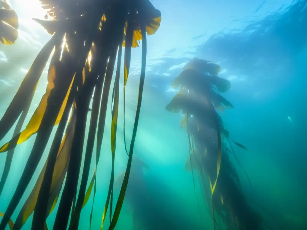 Potencial revolucionario de cultivos de algas: un bosque de algas submarino vibrante con peces coloridos y rayos de luz filtrándose