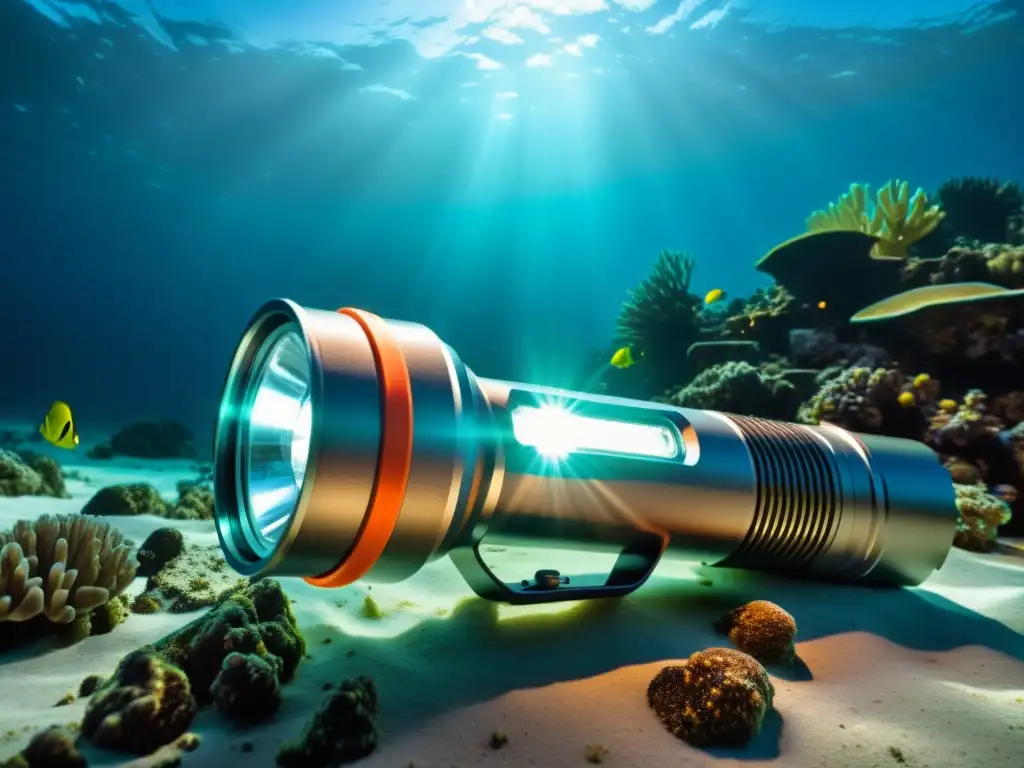 Una potente linterna subacuática ilumina el océano, destacando sus características avanzadas y su diseño elegante