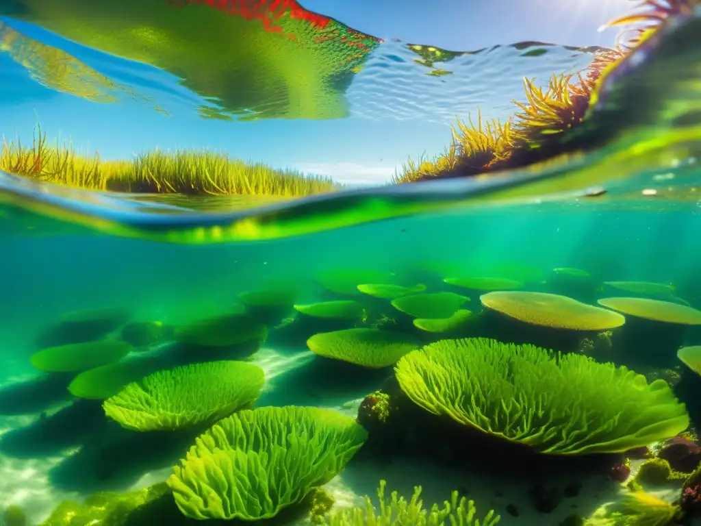 Una pradera submarina llena de vida, con algas de colores vibrantes bailando suavemente en aguas cristalinas