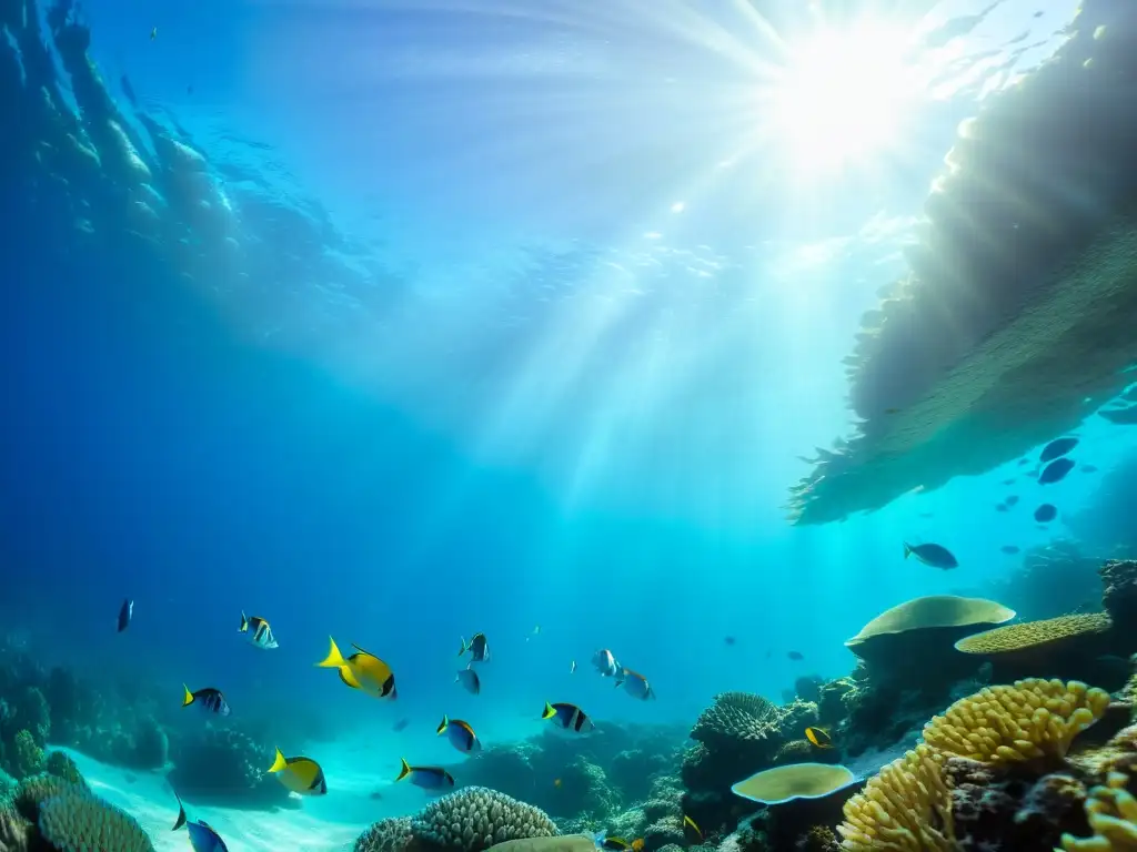 Prendas inspiradas vida marina: Fotografía vibrante de peces tropicales y corales bajo el agua, con juegos de luz y sombra