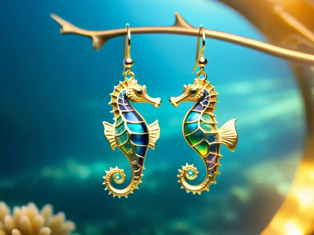 Pendientes marinos artesanales: seahorse y tortuga Un primer plano de exquisitos pendientes inspirados en vida marina, con detalles intrincados que reflejan la belleza iridiscente de los materiales