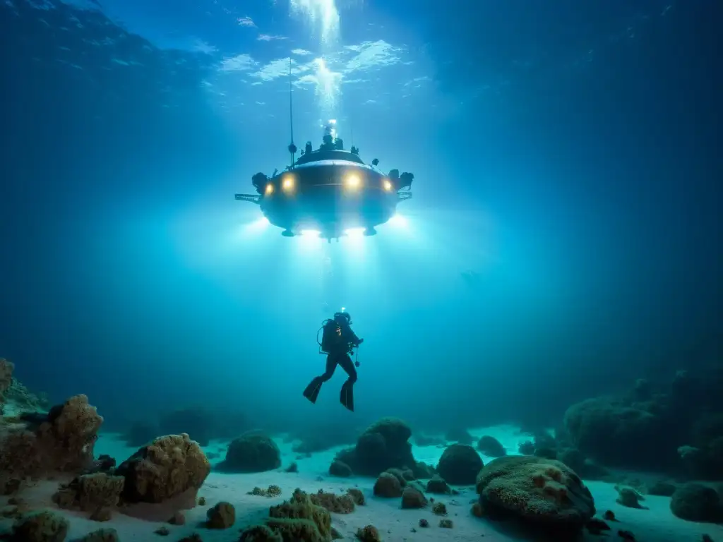 Primera expedición al Challenger Deep: submersible explorando las misteriosas profundidades con criaturas bioluminiscentes y formaciones rocosas