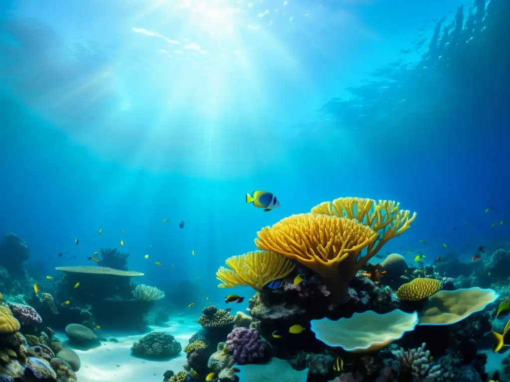 Principios ecoturismo marino sostenible: Fotografía de un vibrante arrecife de coral con diversa vida marina y agua clara