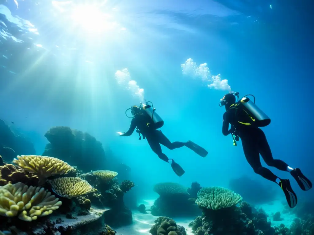 Profesionales del buceo realizan entrenamiento cruzado, rodeados de vida marina y corales, en aguas cristalinas