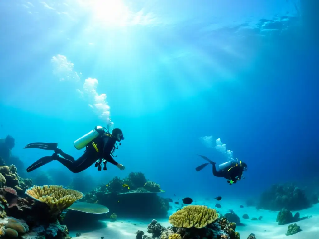 Diversos profesionales exploran un vibrante arrecife de coral, transmitiendo calma y aventura