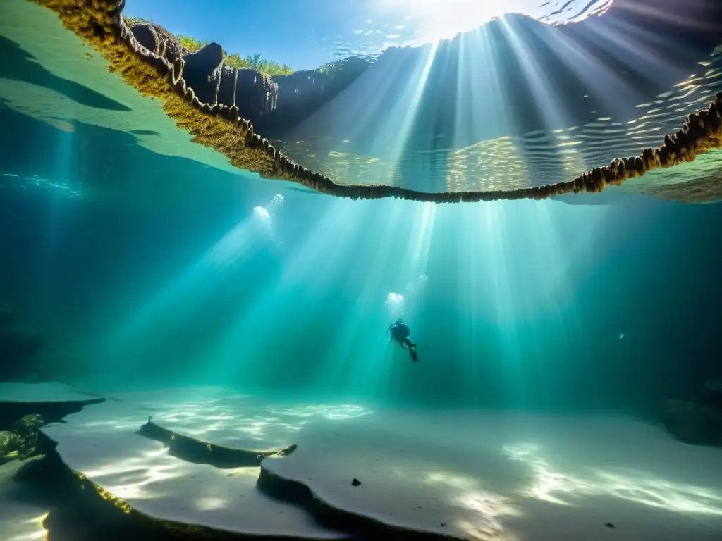 Profundidad del cenote: luz solar ilumina formaciones rocosas, creando patrones en el fondo arenoso