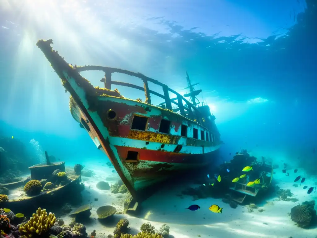 Explora las profundidades marinas y descubre la belleza de un antiguo naufragio cubierto de coral y rodeado de peces coloridos