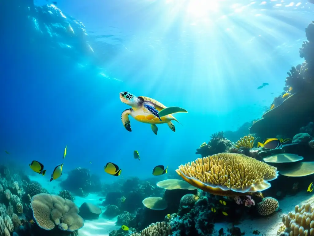 Una fotografía de profundidades marinas ética captura la vida vibrante de un arrecife de coral, con peces, tortugas marinas y esponjas coloridas, iluminado por el sol filtrado en el agua cristalina