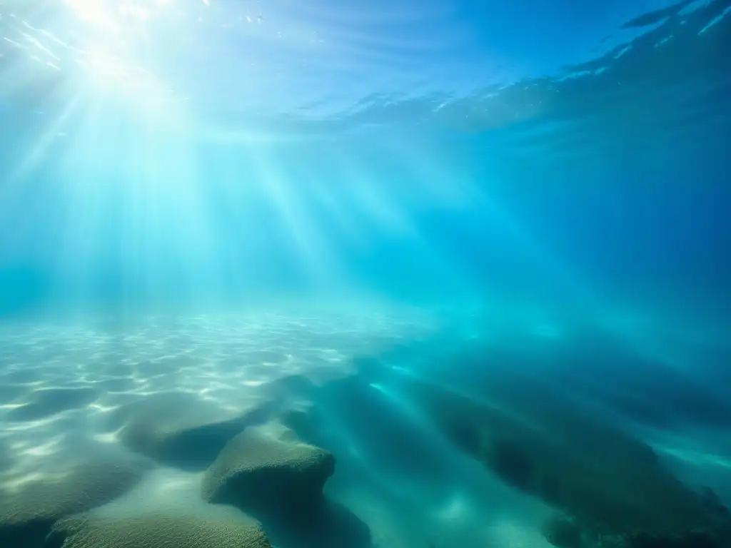 Profundidades marinas iluminadas por rayos de sol, mostrando los beneficios del fango marino para piel en un entorno sereno y rejuvenecedor