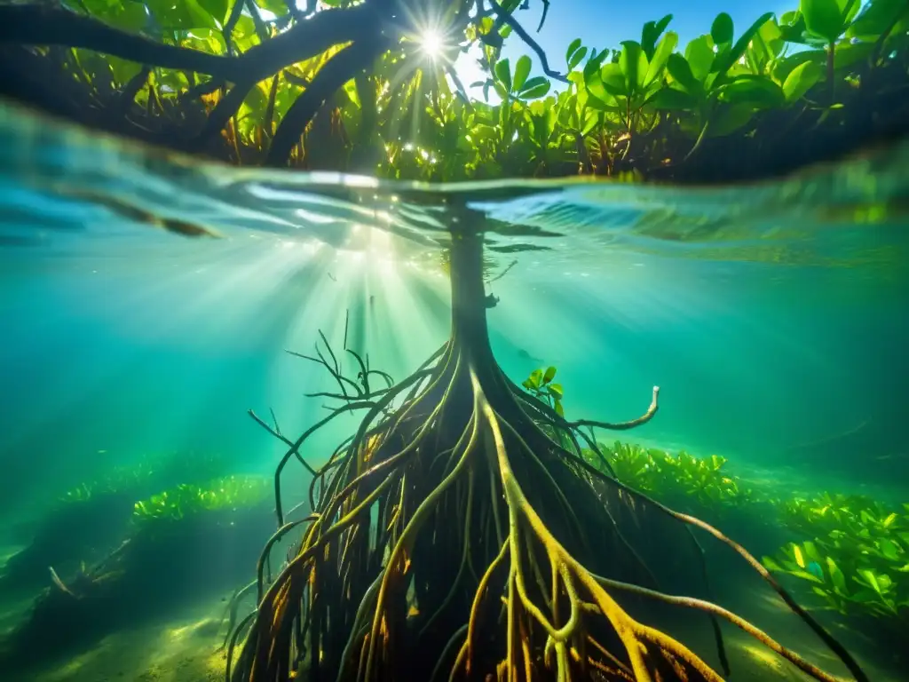 Programas educativos protección manglares: Vibrante fotografía submarina de un bosque de manglares con vida marina diversa bajo la superficie y rayos de sol filtrándose