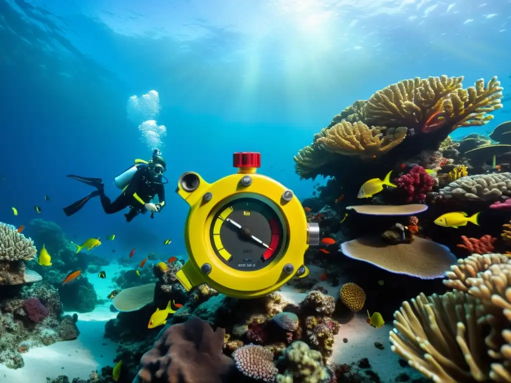 Prueba de manómetros para buceo: Imagen detallada de un buceador con medidores de consola amarillos y rojos, en arrecife de coral vibrante